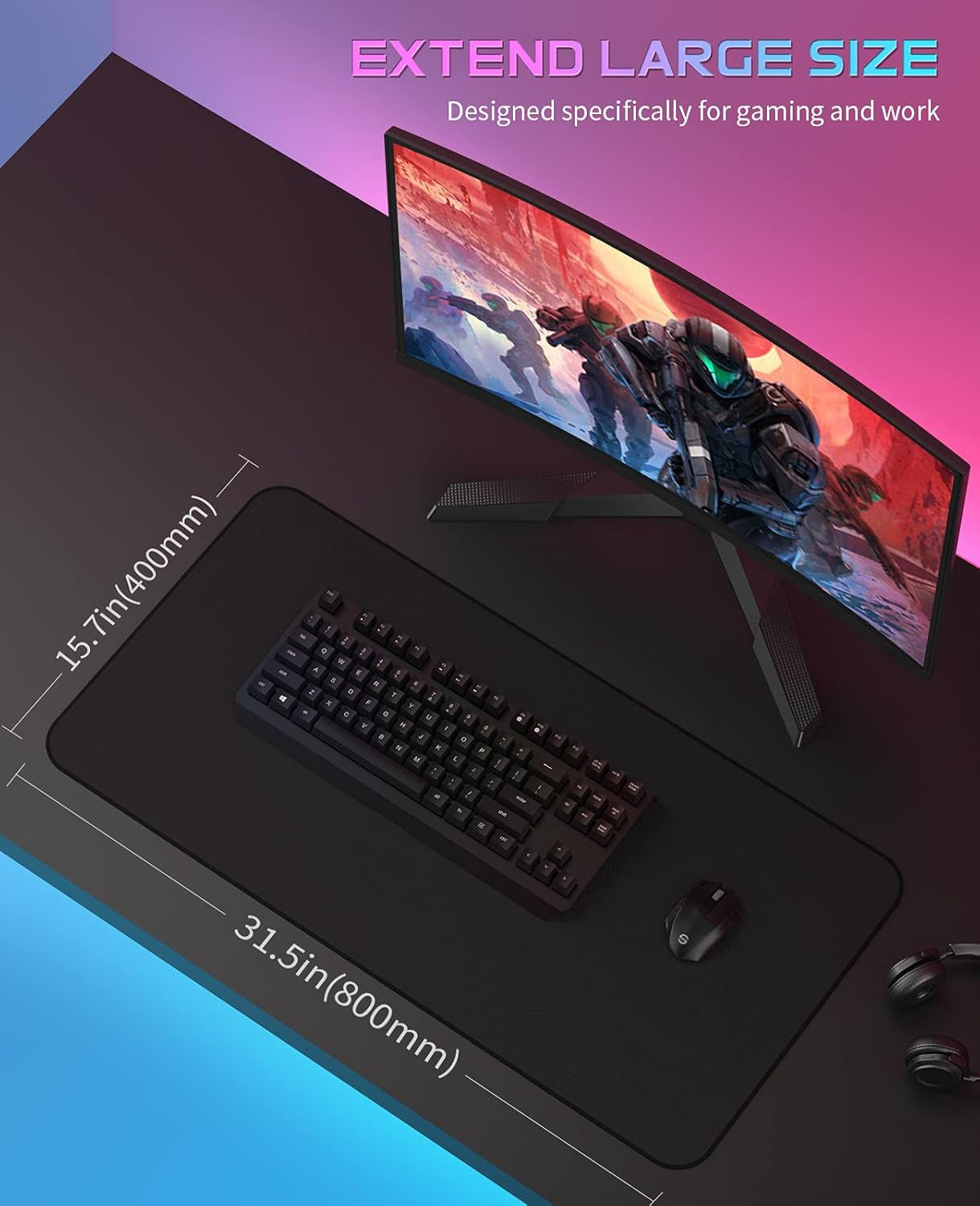 Gaming Mouse Pad, Extended Large Mousepad with Superior Micro-Weave Cloth , Waterproof Keyboard Pad with Stitched Edges, Non-Slip Base, 31.5 X 15.7 Inch, XXL, Black