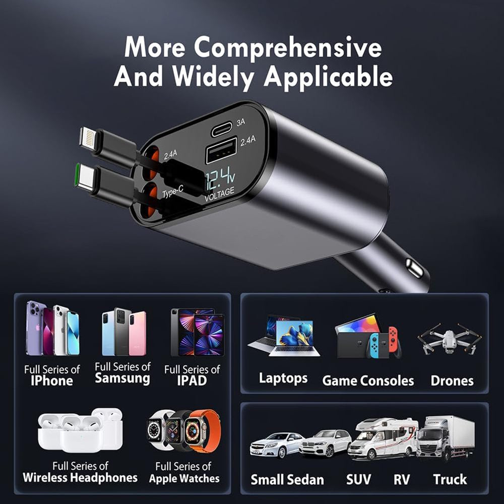 Retractable Car Charger, 100W 4 in 1 Retractable Cables 