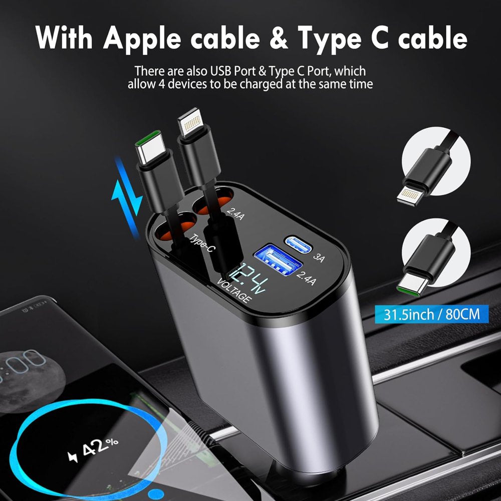 Retractable Car Charger, 100W 4 in 1 Retractable Cables 
